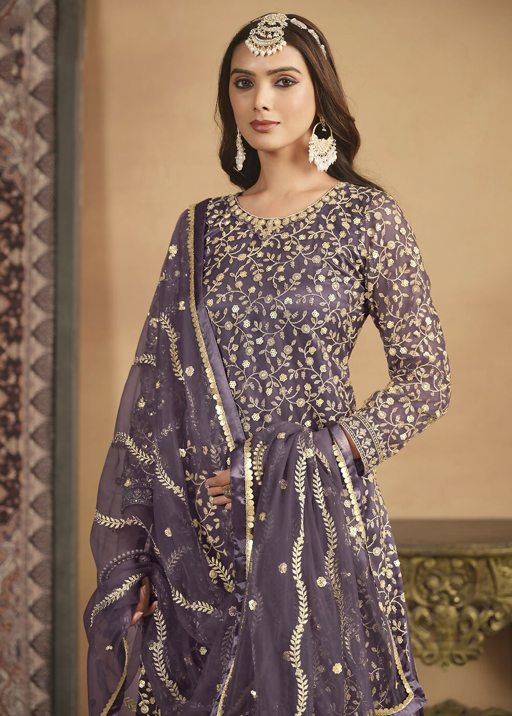 Net Dusty Purple Embroidered Festive Gharara Style Suit - Emponline - Distacart