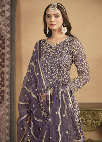 Thumbnail for Net Dusty Purple Embroidered Festive Gharara Style Suit - Emponline - Distacart