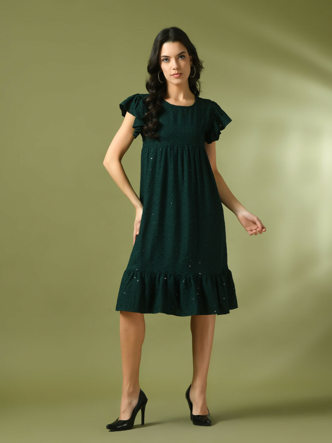 Myshka Women's Green Embroidered Cotton Round Neck A-Line Party Dress - Distacart
