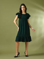 Thumbnail for Myshka Women's Green Embroidered Cotton Round Neck A-Line Party Dress - Distacart