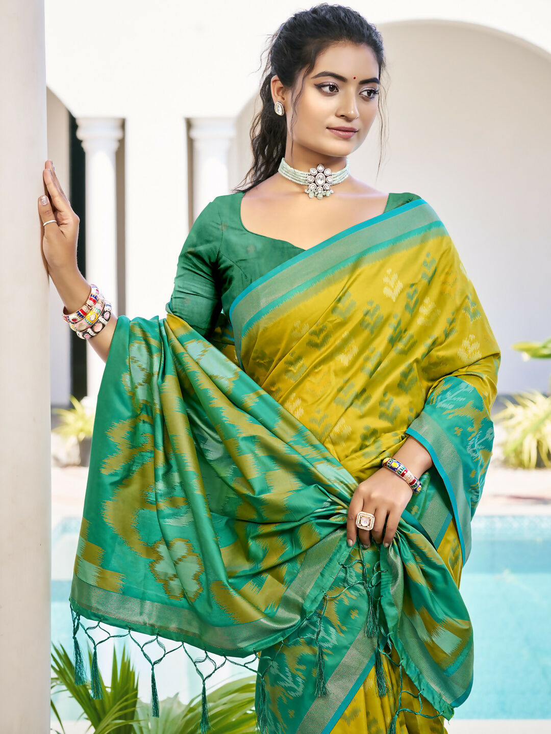 Astita Pochampalli Silk Mustrad Yellow Saree
