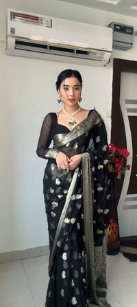 Thumbnail for Malishka litchi Silk Jacquard Ready To Wear Saree With Blouse Piece - Black - Distacart