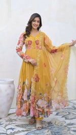 Thumbnail for Teeya Creation Yellow Color Faux Georgette Printed Party Wear Gown