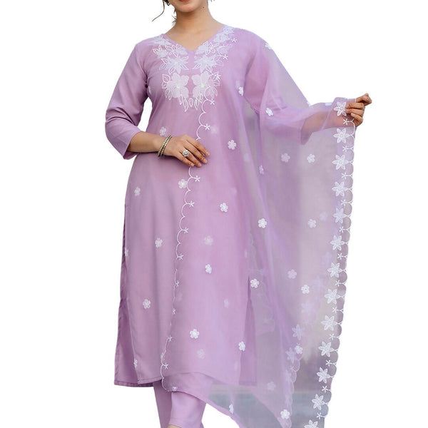 The52 Lavender Women's Beautiful Thread work Rayon Fabric with Straight Kurta, Pant and Dupatta Set - Distacart