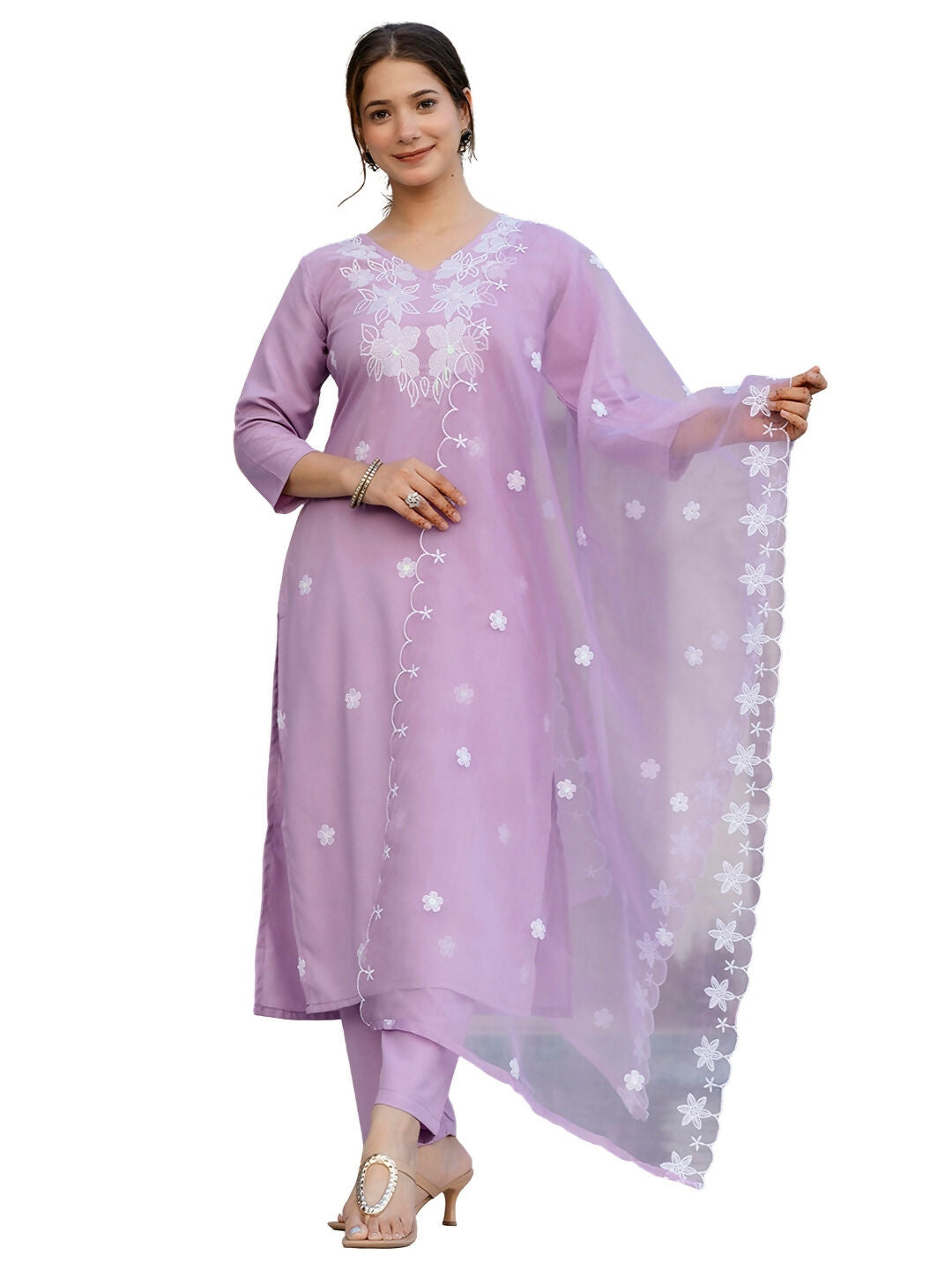 The52 Lavender Women's Beautiful Thread work Rayon Fabric with Straight Kurta, Pant and Dupatta Set - Distacart