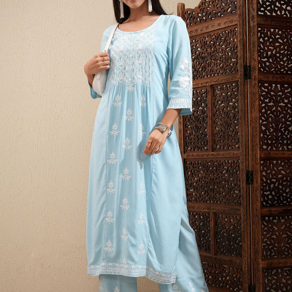Vishudh Blue Floral Embroidered Round Neck Thread Work Kurta With Palazzos - Distacart