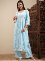 Thumbnail for Vishudh Blue Floral Embroidered Round Neck Thread Work Kurta With Palazzos