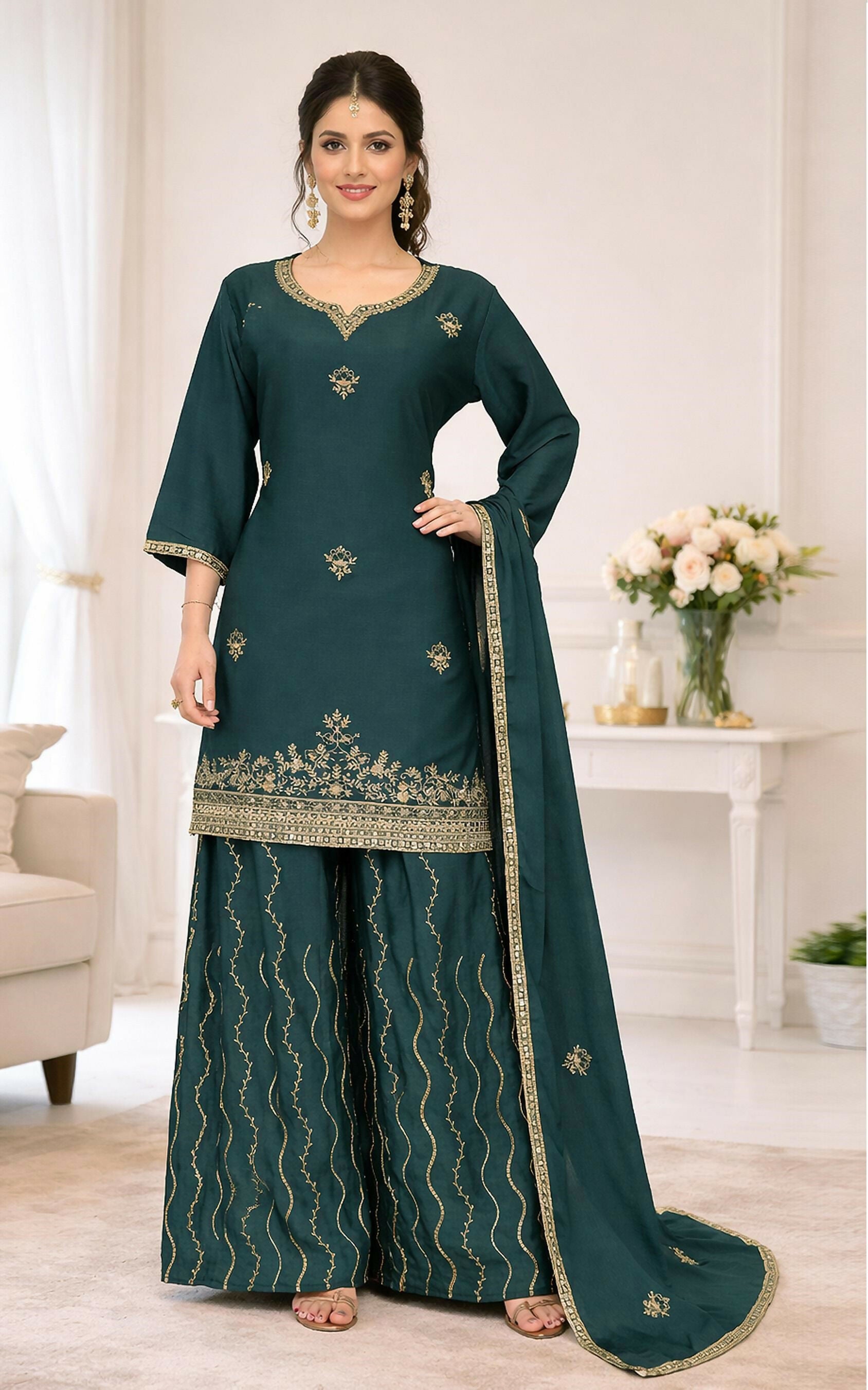 Teeya Creation Teal Color Chinon Silk Heavy Embroidery Work Party Wear Palazzo Set - Distacart