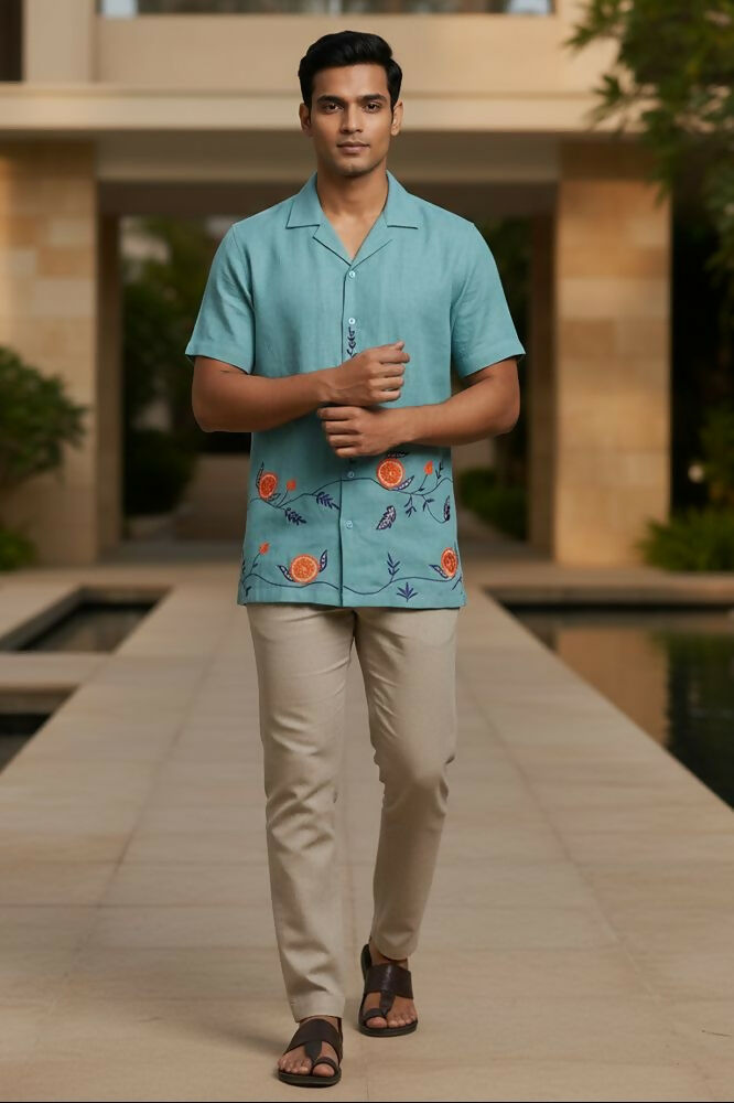 Coastline — Sea Green Embroidered Linen Shirt by Hilo Design - Dista