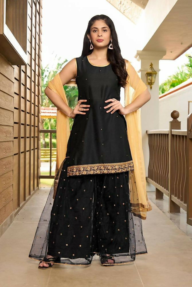 Nikhaar Black Embroidered Cotton Silk Straight Cut Readymade Pakistani Suit