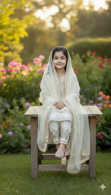 Teeya Creation Trendy Stylish Kids Wear Heavy Embroidery Sequence Work Kurta Set -White - Dista