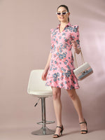 Thumbnail for Myshka Women's Pink Printed Shirt Collar Fit and Flare Party Dress - Distacart