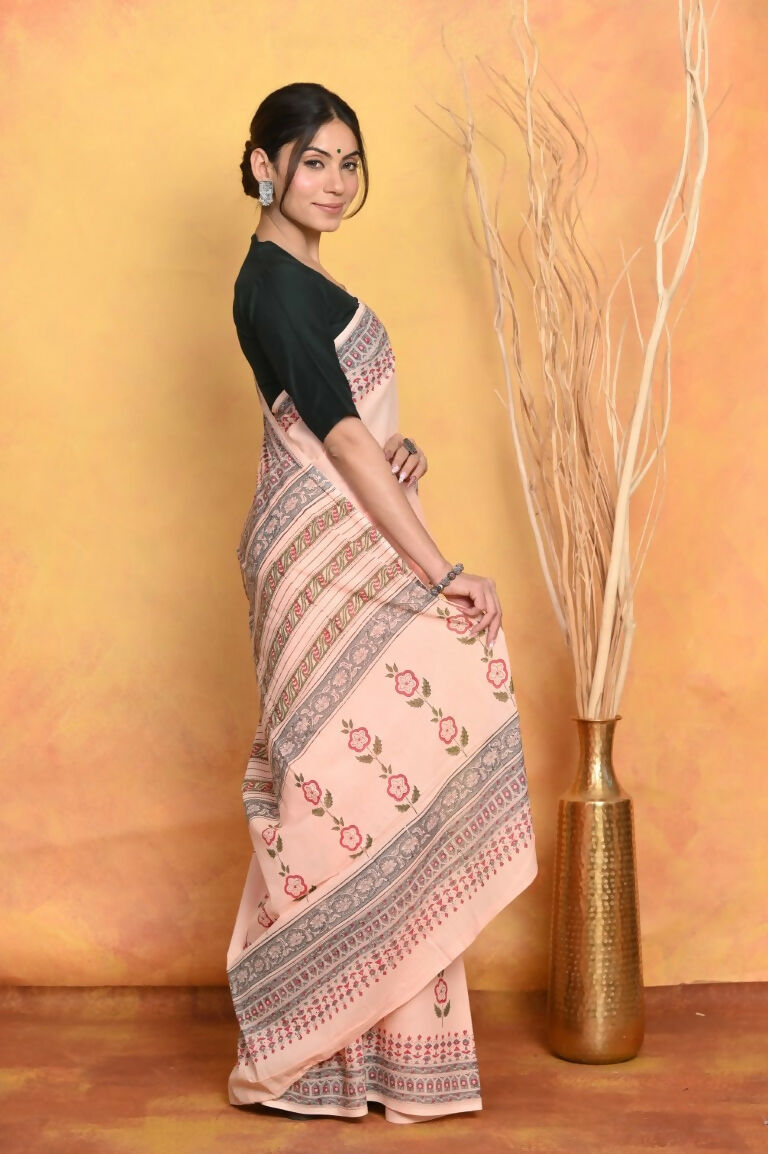 Very Much Indian Handblock Printed Cotton Saree With Natural Dyes - Peach - Distacart