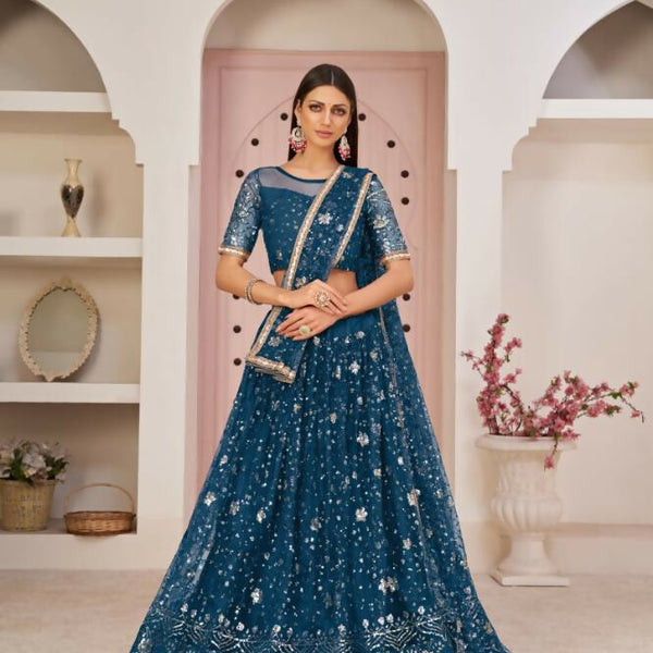 Aastha Fashion More Peach Butterfly Net All Over Thread Work, Zari Work And Sandwich Sequence Work Embroidery Wedding Wear Lehenga Choli - Distacart