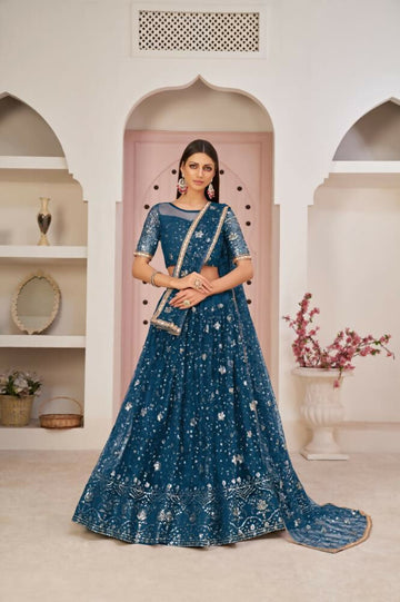 Aastha Fashion More Peach Butterfly Net All Over Thread Work, Zari Work And Sandwich Sequence Work Embroidery Wedding Wear Lehenga Choli - Distacart