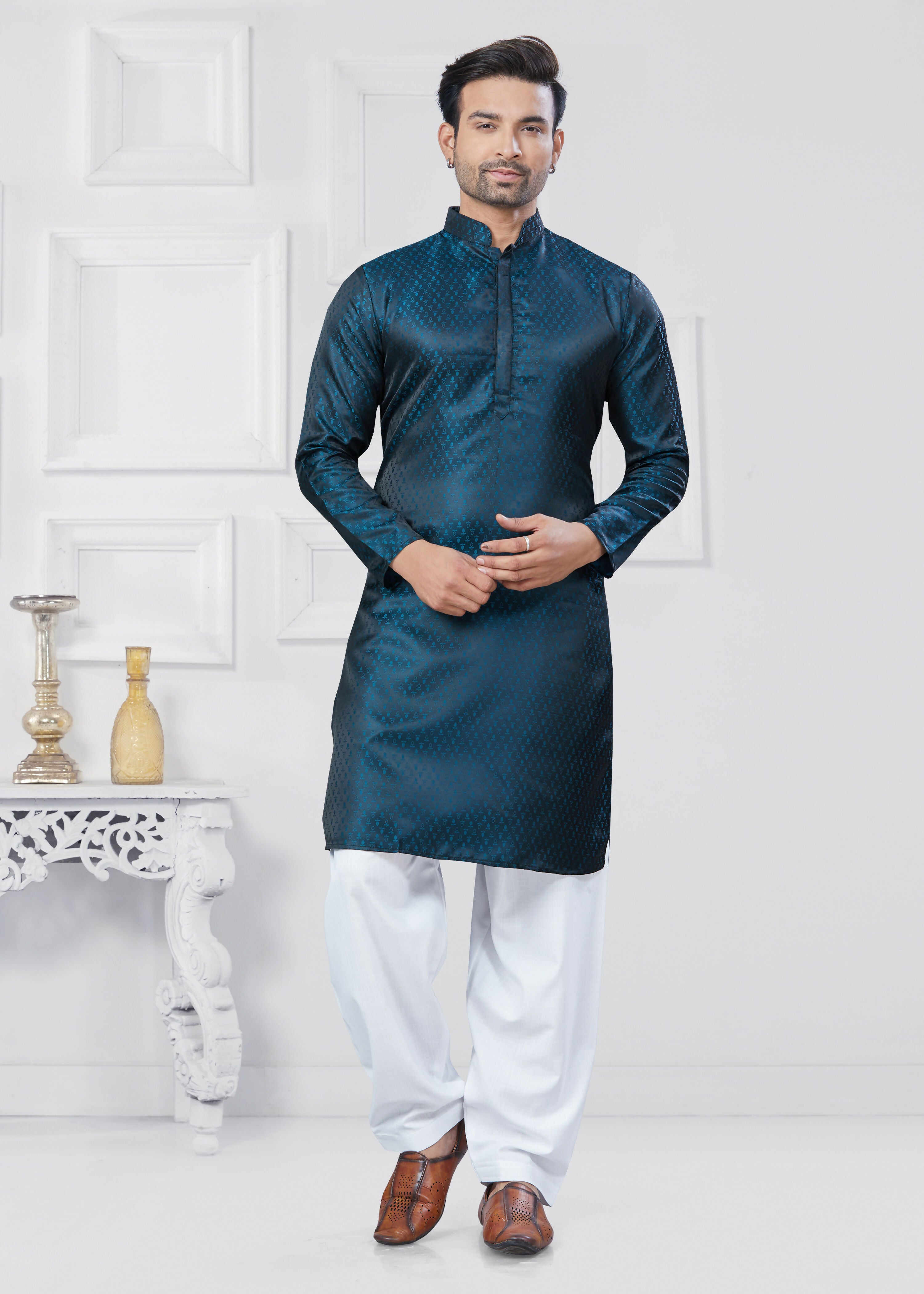 Joban Fashion Men's Jacquard Silk Rama Printed Kurta Pyjama set - Distacart