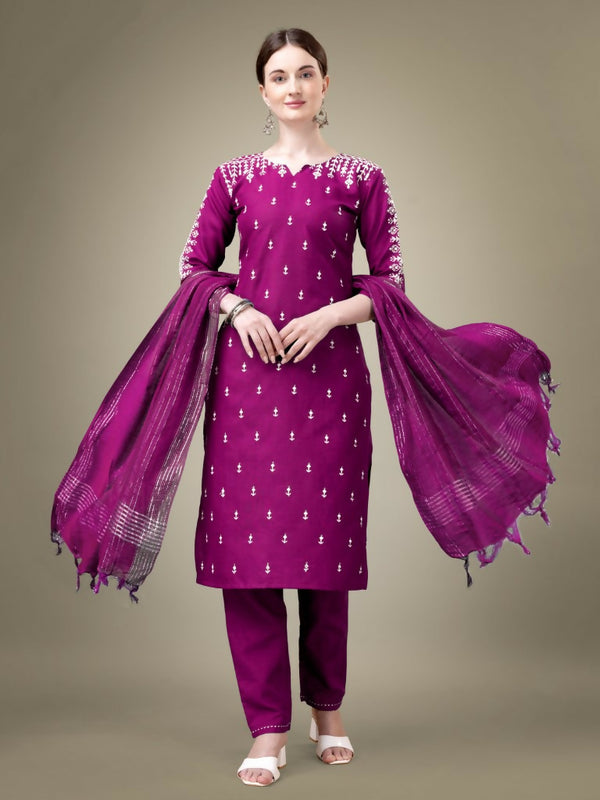 Jyoti Fashion Women's Purple Cotton Blend Embroidery & Sequence work Kurta with Trouser & Dupatta - Distacart