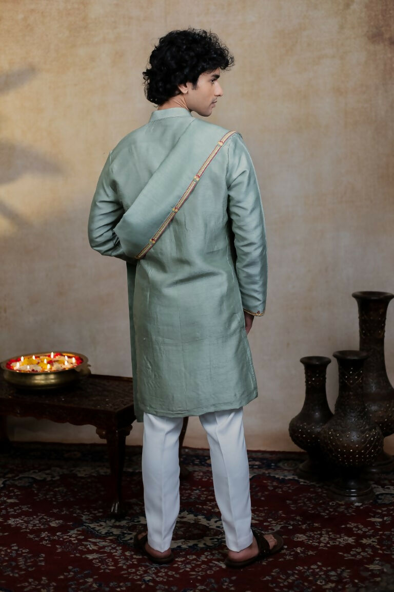 Falling Raw Silk Olive Green Kalika Kurta Set By Hilo Design - Distacart