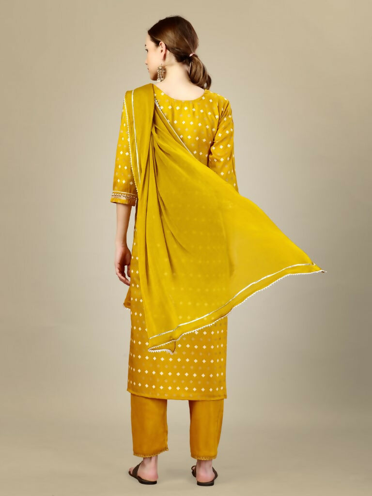 Jyoti Fashion Women's Golden Silk Blend Embroidery & Sequence work Kurta with Trouser & Dupatta - Distacart