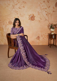 Thumbnail for Purple Banarasi Crush Silk Thread, Sequence, Cord Embroidered with Stone & Moti Work Saree - Mohmanthan Dakshika - Distacart