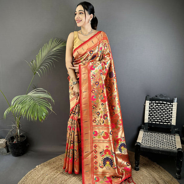 Joban Fashion Crimson Red Intricate Floral & Leaf Soft Silk Paithani Saree - Distacart