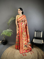 Thumbnail for Joban Fashion Crimson Red Intricate Floral & Leaf Soft Silk Paithani Saree - Distacart