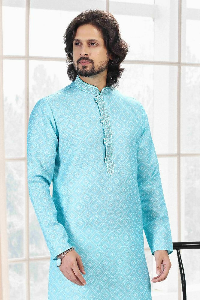 Raivat Ethnic Cotton Thread Work Kurta Pajama In Sky Blue Colour - Dista