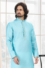 Thumbnail for Raivat Ethnic Cotton Thread Work Kurta Pajama In Sky Blue Colour - Dista