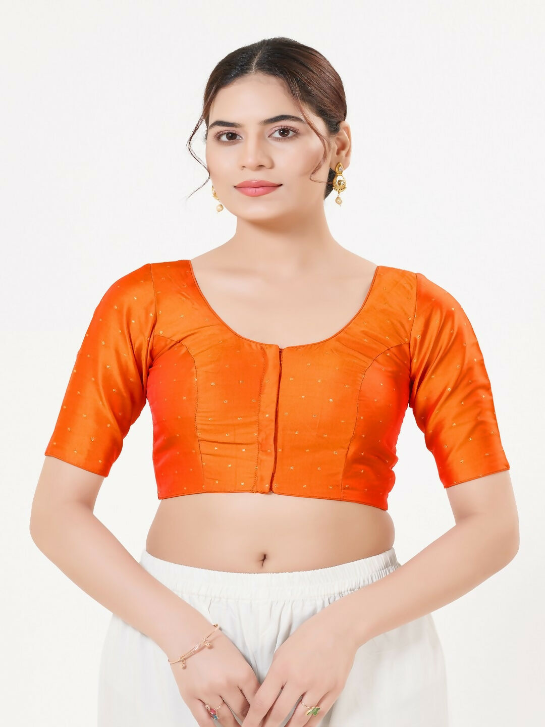 Joban Fashion Orange Taffeta Silk Elbow Sleeveless Front Open Blouse