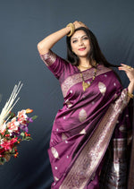 Thumbnail for Jyoti Fashion Women's Wine Paithani Silk Zari Woven Saree with Blouse - Distacart