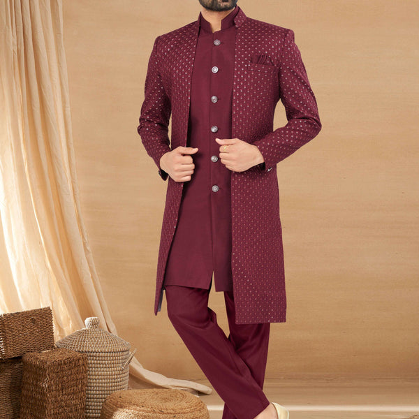 Joban Fashion Men's Maroon Heavy Art Silk Plain Indowestern - Distacart