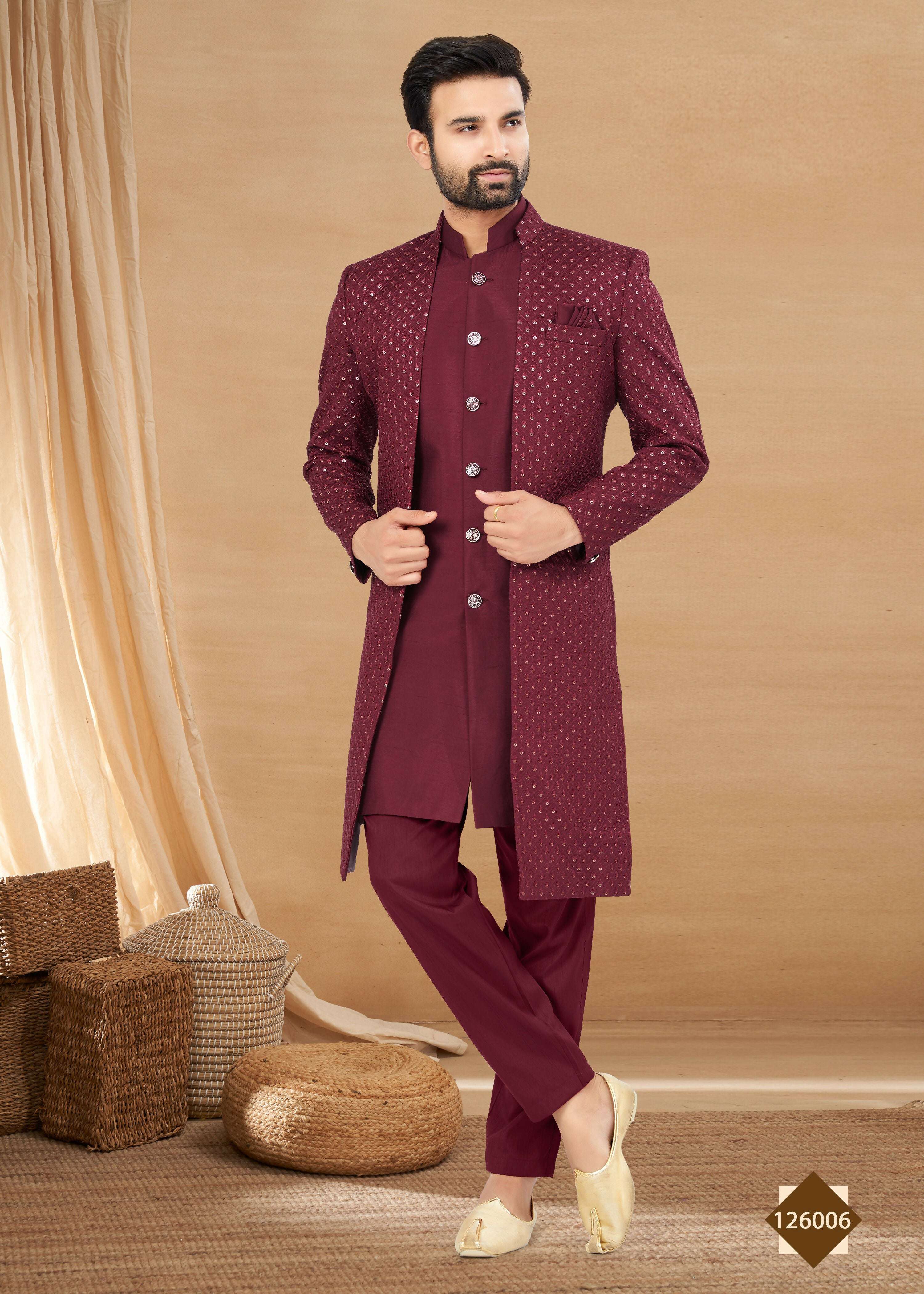 Joban Fashion Men's Maroon Heavy Art Silk Plain Indowestern