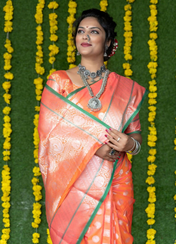 Jyoti Fashion Women's Peach Soft Handloom Silk Zari Woven Saree with Blouse - Distacart