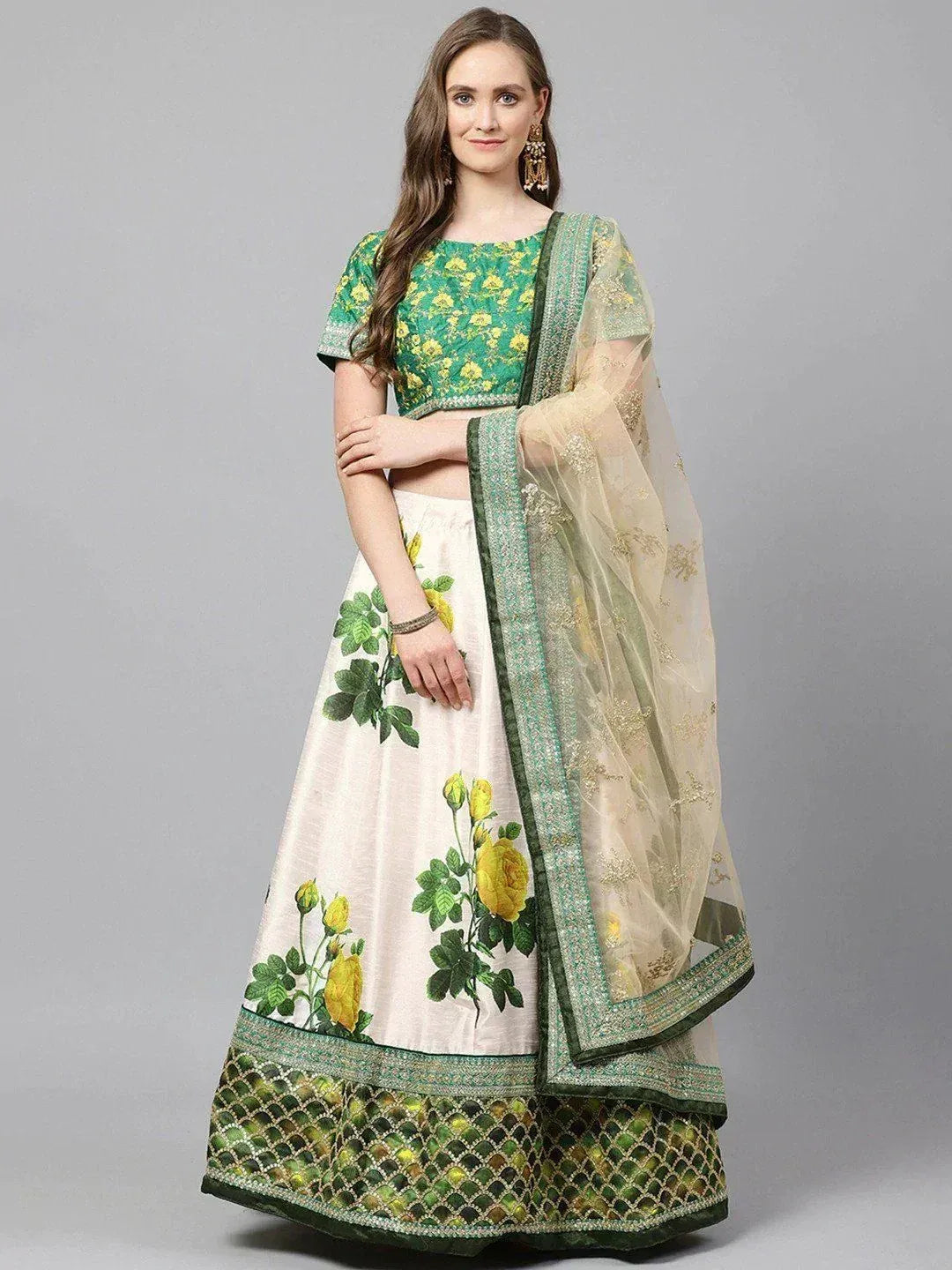 Tulsi Art Cream-Coloured & Beige Embroidered Semi-Stitched Myntra Lehenga & Unstitched Blouse With Dupatta - Dista