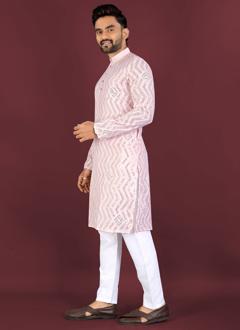 Prazu Fashion Baby Pink Soft Silk Unique Cross Pattern White Thread Embroidery With Silver Sequence Kurta - Distacart