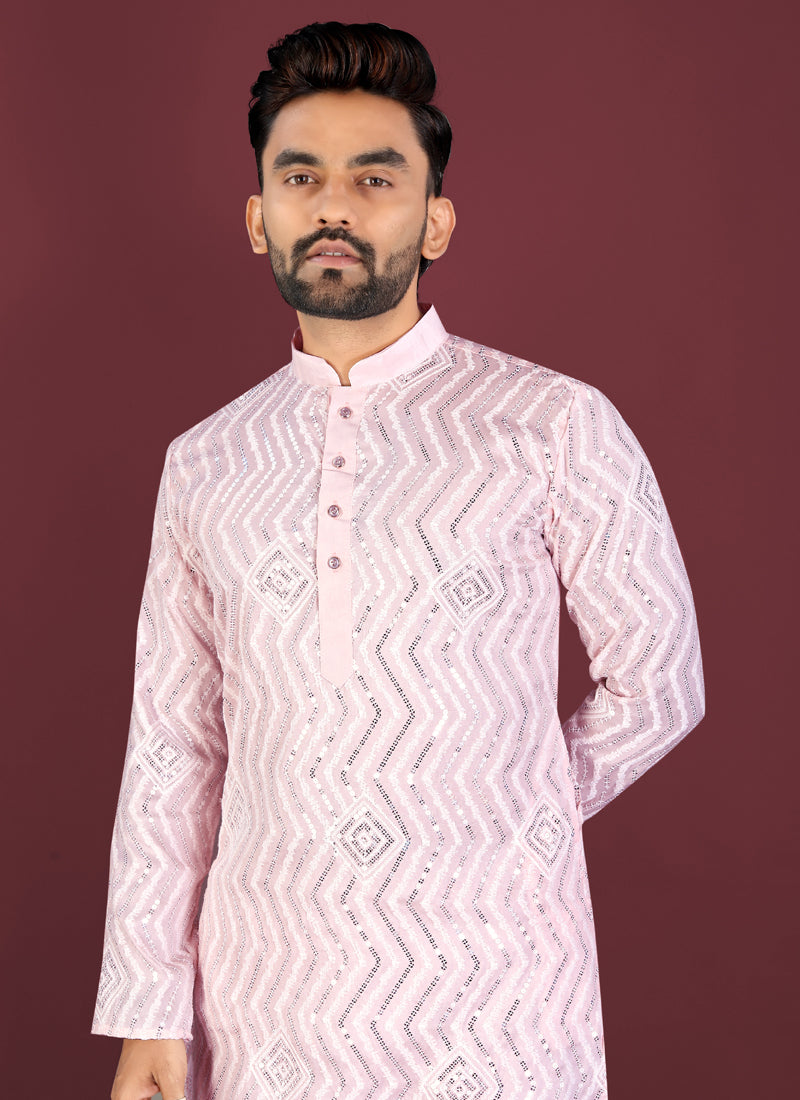 Prazu Fashion Baby Pink Soft Silk Unique Cross Pattern White Thread Embroidery With Silver Sequence Kurta