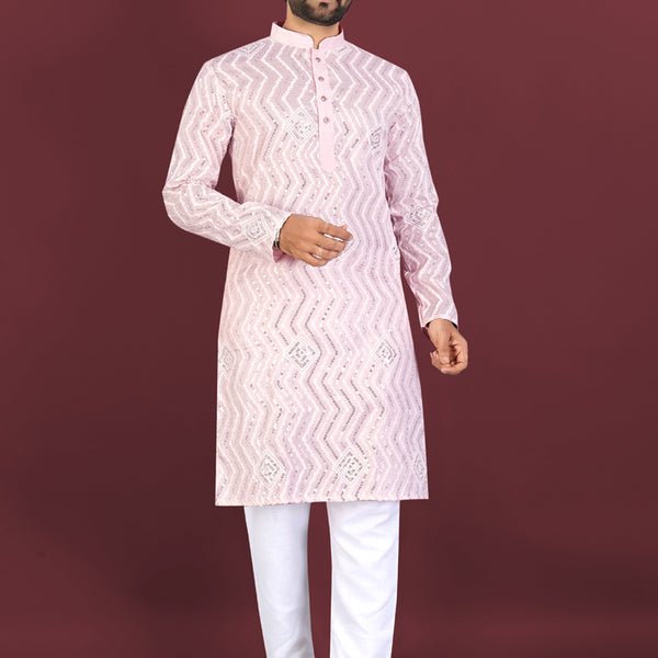 Prazu Fashion Baby Pink Soft Silk Unique Cross Pattern White Thread Embroidery With Silver Sequence Kurta