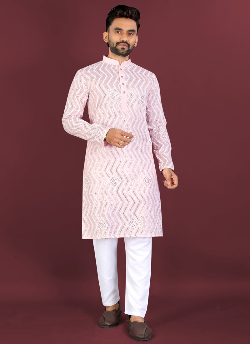 Prazu Fashion Baby Pink Soft Silk Unique Cross Pattern White Thread Embroidery With Silver Sequence Kurta - Distacart