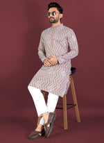 Thumbnail for Prazu Fashion Beige Soft Silk Unique Cross Pattern White Thread Embroidery With Silver Sequence Kurta