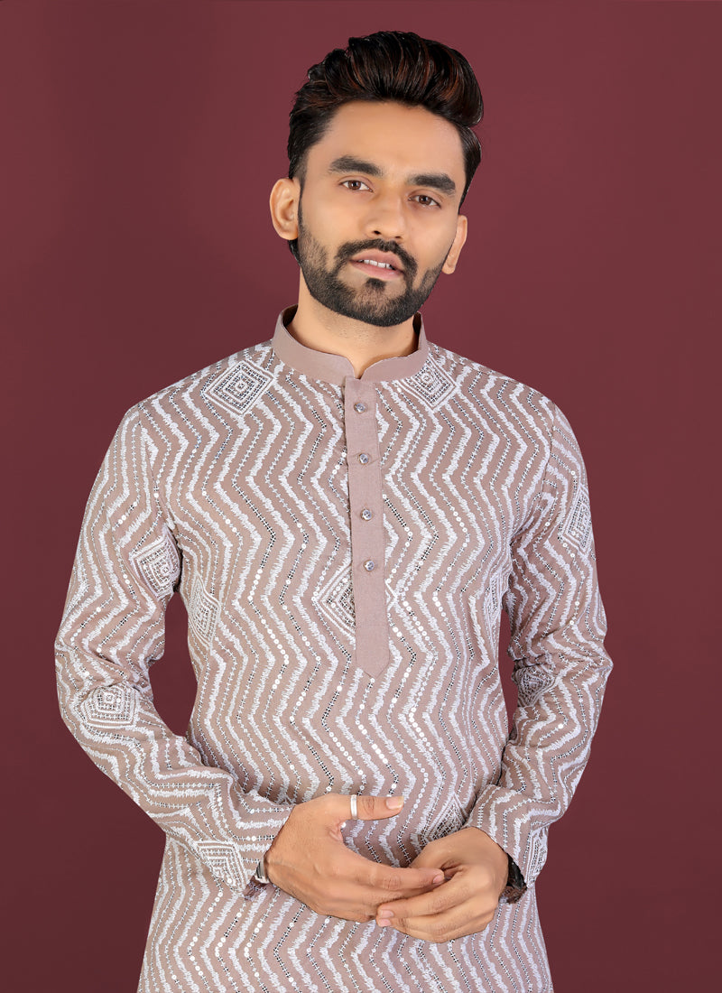 Prazu Fashion Beige Soft Silk Unique Cross Pattern White Thread Embroidery With Silver Sequence Kurta