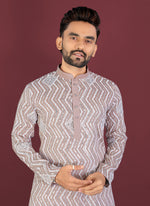 Thumbnail for Prazu Fashion Beige Soft Silk Unique Cross Pattern White Thread Embroidery With Silver Sequence Kurta