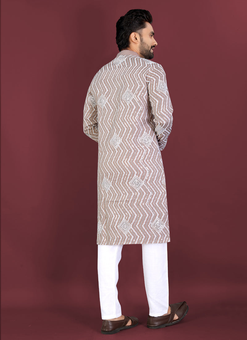 Prazu Fashion Beige Soft Silk Unique Cross Pattern White Thread Embroidery With Silver Sequence Kurta - Distacart