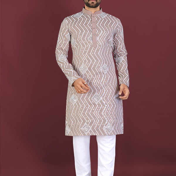 Prazu Fashion Beige Soft Silk Unique Cross Pattern White Thread Embroidery With Silver Sequence Kurta