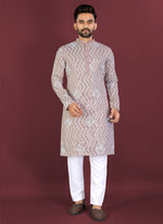 Thumbnail for Prazu Fashion Beige Soft Silk Unique Cross Pattern White Thread Embroidery With Silver Sequence Kurta