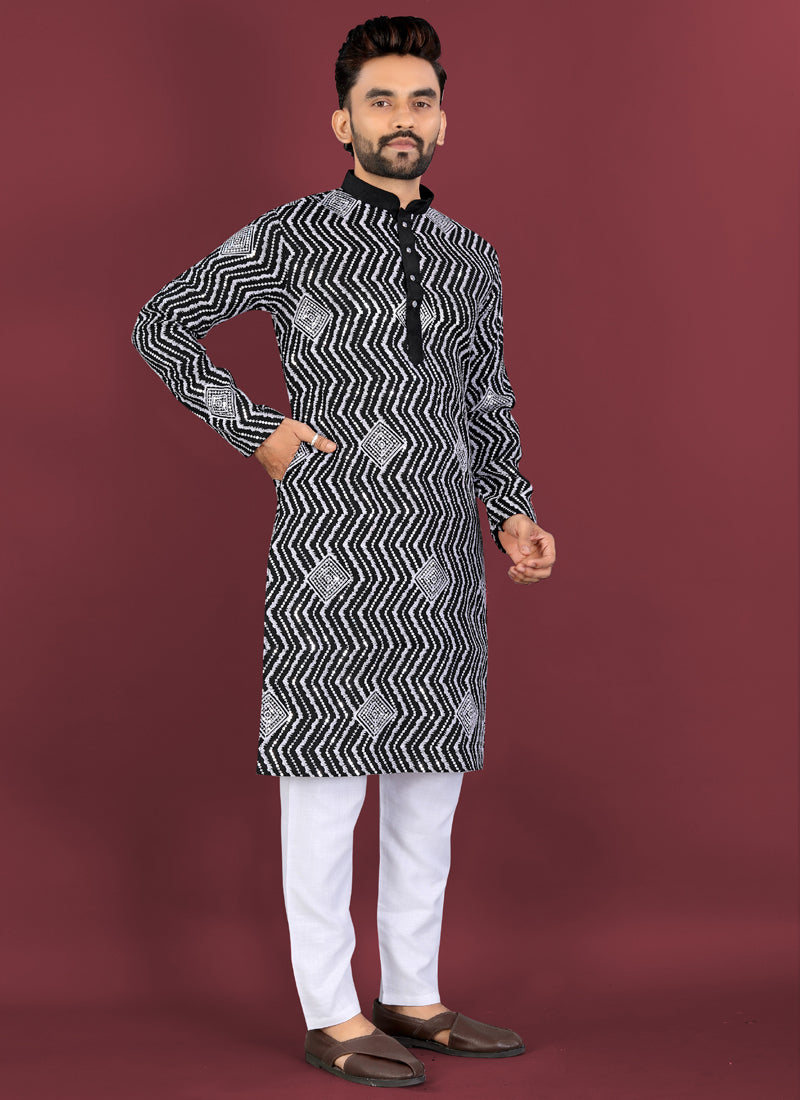 Prazu Fashion Black Soft Silk Unique Cross Pattern White Thread Embroidery With Silver Sequence Kurta - Distacart