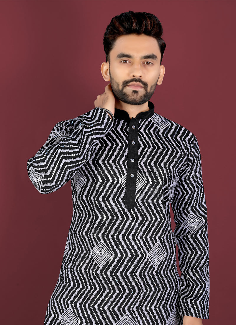Prazu Fashion Black Soft Silk Unique Cross Pattern White Thread Embroidery With Silver Sequence Kurta