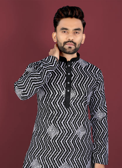 Prazu Fashion Black Soft Silk Unique Cross Pattern White Thread Embroidery With Silver Sequence Kurta - Distacart
