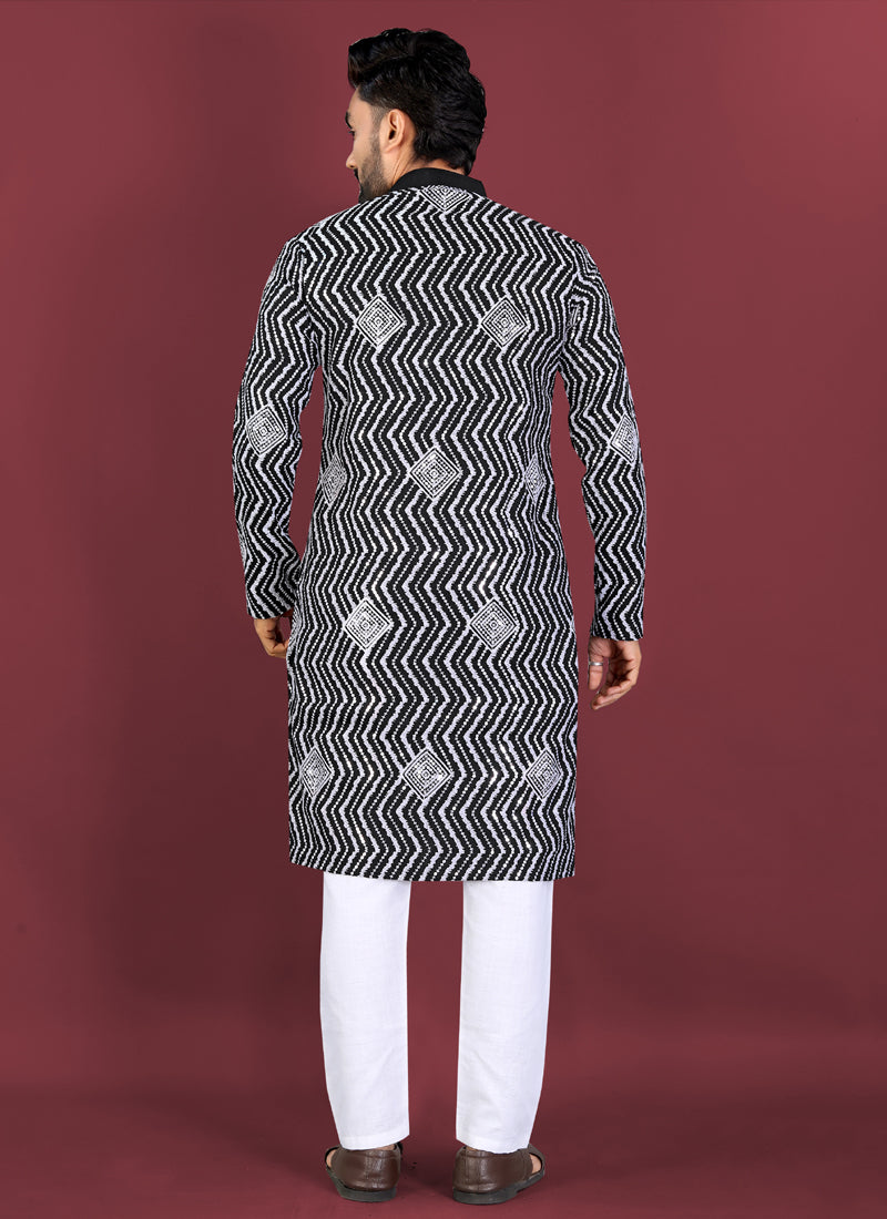 Prazu Fashion Black Soft Silk Unique Cross Pattern White Thread Embroidery With Silver Sequence Kurta