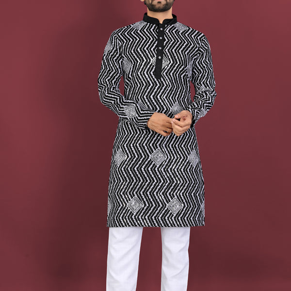 Prazu Fashion Black Soft Silk Unique Cross Pattern White Thread Embroidery With Silver Sequence Kurta