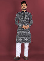 Thumbnail for Prazu Fashion Black Soft Silk Unique Cross Pattern White Thread Embroidery With Silver Sequence Kurta